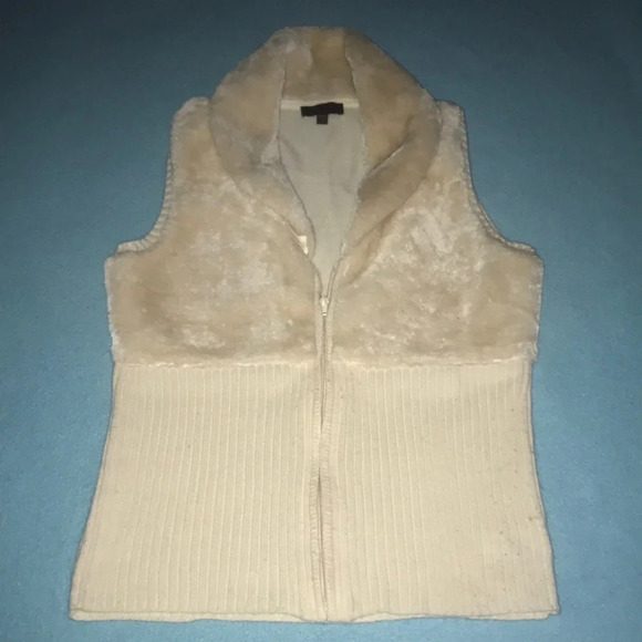 𝅺GLO jeans faux fur and knit zip up sleeveless vest cream colored Y2K size L - Picture 1 of 7